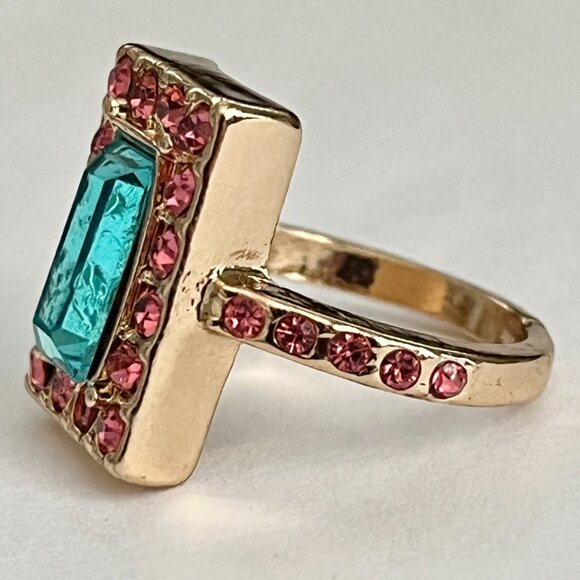 Rose Gold Crystal Cocktail Ring Pink Aqua Blue Princess Cut Size 6 Plated - Picture 9 of 14